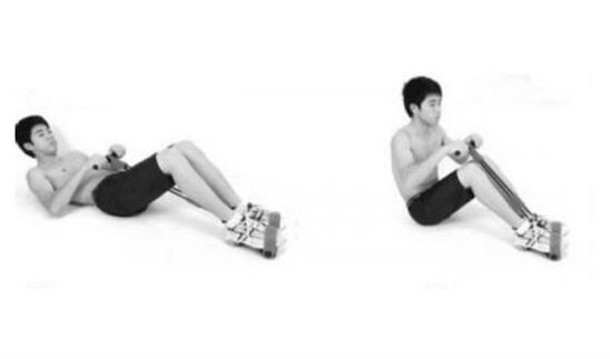 In exhalation at the same time lift the upper part of the body and bend legs on the knees